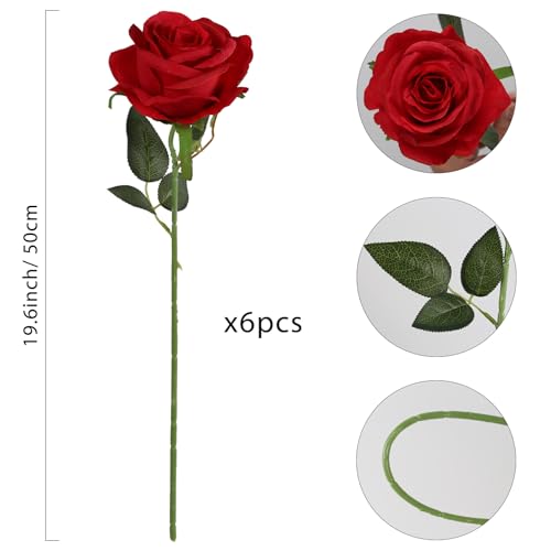 IPOPU 6PCS Deep Red Silk Lop-Sided Rose Artificial Flower with Long Stem Fake Leaf Roses, Artificial Long Stem Fake Roses Suitable for DIY Wedding, Home Decoration and Outdoor Party. - color: Deep Red