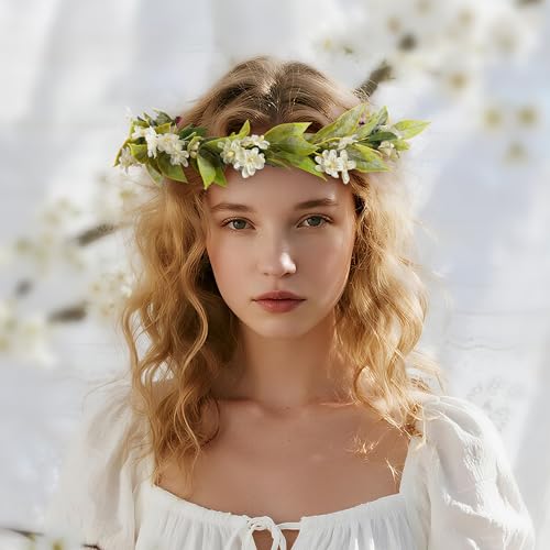 White Flower Crowns Headband, Artificial Boho Floral Headpiece with Green Leaf, Fairy Forest Elven Headwear with Ribbon for Women Girls Bridal Wedding Renaissance Festivals Hair Accessories - color: Bohemian White