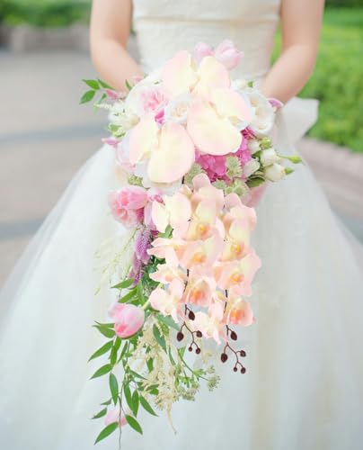 41.34" Orchid Artificial Flowers 6PCS Velvet Silk Faux Orchids Long Stem Artificial Flowers for Tall Vase for Home Wedding Party Decoration(Peach) - color: Peach