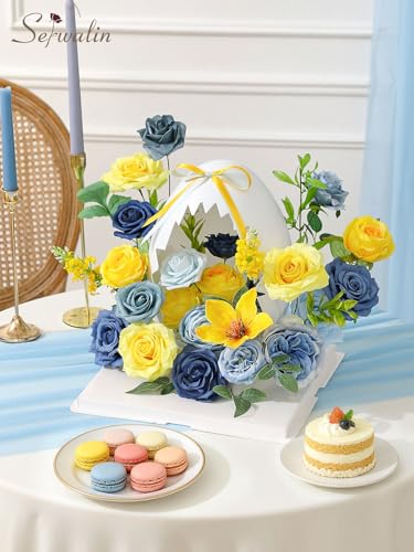 Serwalin Artificial Yellow & Blue Flowers, Silk Fake Roses Flowers, Faux Flowers for DIY Wedding Bouquets Cake Decoration Baby Shower Centerpieces Floral Arrangements Party Decor - color: Blue & Yellow, size: Grand
