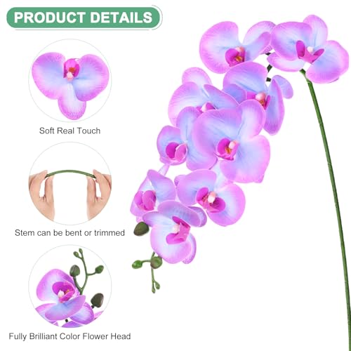 M METERXITY 6-Pack Artificial Orchid Flowers 9 Large Petals 37 Inch Faux Phalaenopsis Silk Bouquets Real Touch Blue Purple Fake Orchids for Home/Wedding/Christmas/Party/Garden Office - color: Blue Purple