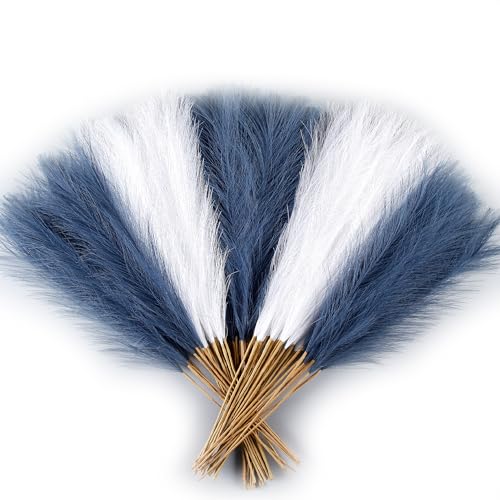 60Pcs Navy Blue and White Faux Pampas Grass Decor, 21.7" Pompas Grass Flower Arrangement and Vase Filler for Boho Home Wedding Decoration - size: 21.7'' Tall Navy Blue&White