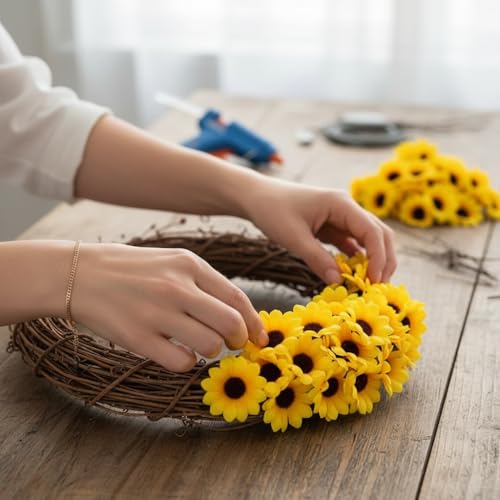 100Pcs Yellow Fashion Artificial Flower Heads Mini Fake Sunflower Decorative Fabric Flowers Craft Floral Embellishments for Wreaths Wedding Artificial Flowers