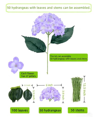 50 Pack Artificial Purple Hydrangea Flowers with Leaves, 6 Inch Silk Flower Heads, DIY Mother's Day Wedding Decor Set with 100 Leaves, 50 Stems - color: Purple