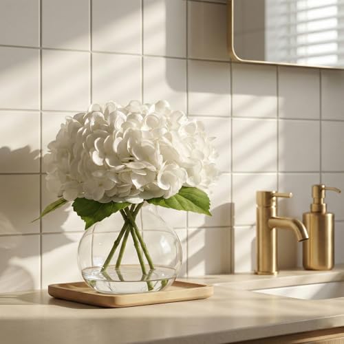 Real Touch Artificial Hydrangea in Vase,Premium Faux Flowers with Faux Water for Home Decoration,Coffee,Table,Wedding,White Fake Hydrangea with Vase for DIY Floral Arrangements - color: White