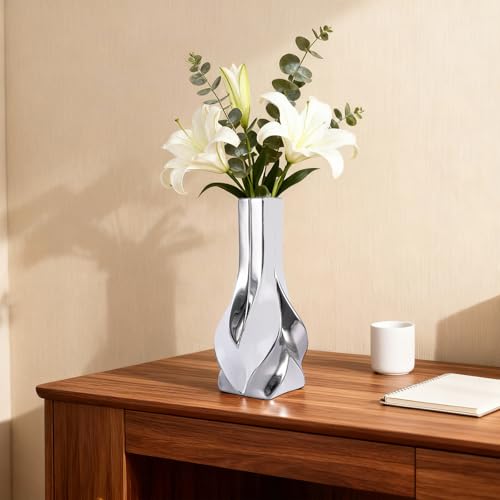 10.6" White and Silver Ceramic Vase, Modern Geometric Flower Vase for Dining Table Centerpiece, Elegant Decorative Vase for Pampas Grass, Living Room, Bedroom, Office, Tabletop Decoration - color: White Silver