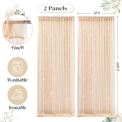 10ft x 10ft Champagne Backdrop Curtain with Lights String for Parties, Sheer Wedding Photo Backdrops Drapes for Baby Shower Birthday Party Decorations Background for Photography - color: Champagne, size: W5' x H10'(2 panels)