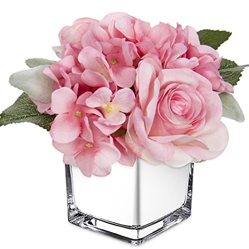 GnFlus Artificial Flowers in Vase Fake Silk Hydrangea Rose Flower Arrangement Faux Potted Flowers for Indoor Home Bathroom Office Table Shelf Decor, Pink - color: Pink, size: 2-in-1