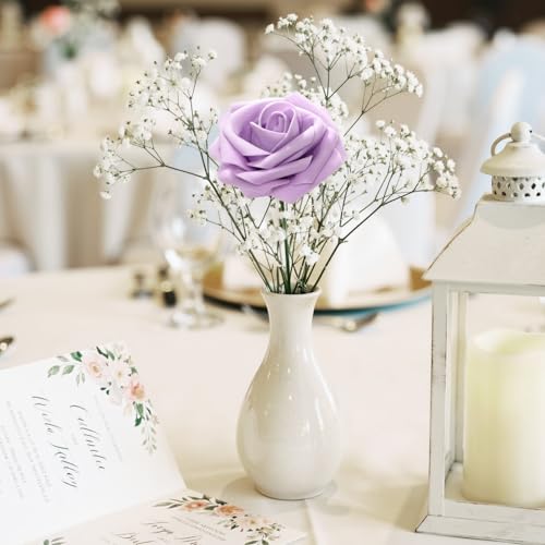 Lifewit Artificial Flowers, 25 Pcs Ivory & Purple Mix Foam Real Looking Roses with Stems, Fake Roses for DIY Wedding Bouquets, Centerpieces Arrangements, Valentine Decorations - color: Ivory & Purple Mix