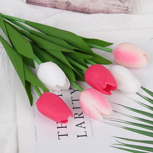 Artificial Tulips Flowers Fake Latex Tulip Stems - 30pcs Real Touch Faux Multicolor Tulips Flower for Easter Spring Wedding Bouquet Centerpiece Floral Arrangement Cemetery Table Decor - color: White,pink,rosy 01