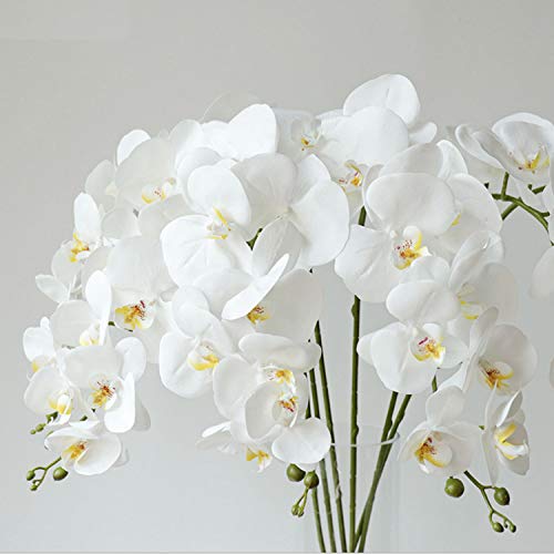 FagusHome 32 Inches Artificial Phalaenopsis Flowers 4 Pcs with 2 Bundles Leaves Artificial Orchid Flowers Stem Plants for Home Décor (White) - color: White