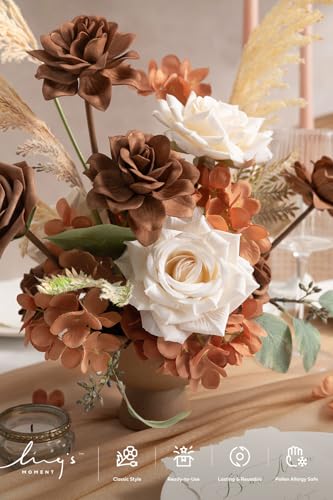 Ling's moment Artificial Flowers Fake Silk Hydrangea Faux Gardenia Foam Roses Combo for DIY Wedding Centerpieces Arrangement Bridal Shower Party Home Decoration, Earth Brown & Tawny Beige, 31pcs - color: Brn-earth Brown & Tawny Beige