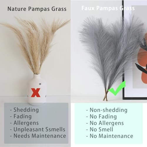 10 Stems Faux Pampas Grass - 17.7" Artificial Pampas Grass Decor Fluffy Small Pampas Flower Arrangement and Vase Filler for Boho Home Wedding Mothers Day Decoration（Grey） - color: Grey