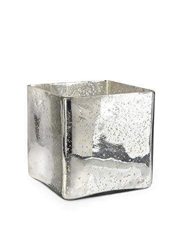 Serene Spaces Living Silver Mercury Glass Cube Vase – Handmade Vintage Inspired Vase with Antique Feel, Ideal for Weddings, Holiday Decor, Events, Home, Single - color: 7" Large Cube