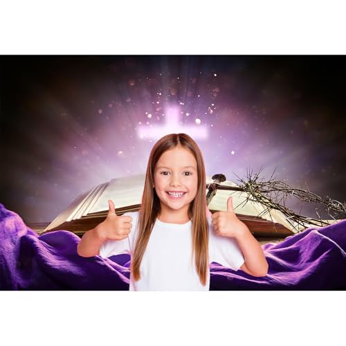 Holy Bible Cross Backdrop Purple Holy Light Glowing Crucifix Crown of Thorns Photography Background God Belief Jesus Christ Biblical Backdrop Christian Church Sanctuary Easter Background 5x3ft - color: Purple, size: 5x3ft