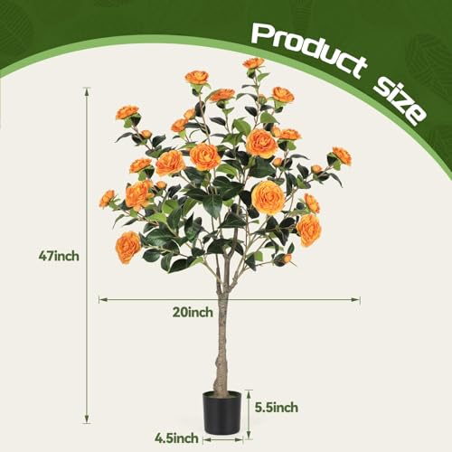 4FT Artificial Camellia Tree with Blooming Orange Flowers, Free Maintencace 4 FT Fake Tree, Faux Plants with Blooming Flowers, for Indoor Outdoor Home Office Front Door Decor