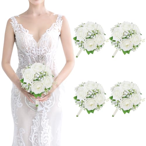Set of 4 Bridesmaid Bouquets for Wedding - 7 Inch Ivory White Fake Flower Bouquet for Bridesmaid, Silk Rose Artificial Babys Breath Small Bouquet Handmade for Bridal Shower Ceremony Anniversary - color: Ivory, size: Set of 4 Bridesmaid Bouquets