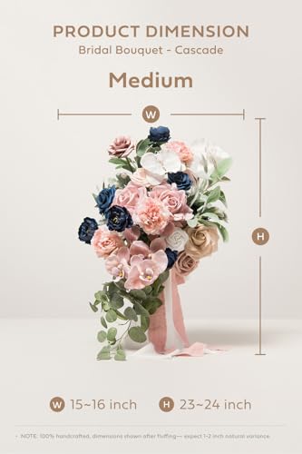 Ling's moment Dusty Rose Navy Blue Bridal Bouquet Cascading, Pink and Blue Wedding Bouquets for Bride, 15 Inch Silk Artificial Wedding Flower Bouquet - color: Pk-exquisite Dusty Rose & Navy, size: Medium 15 Inch