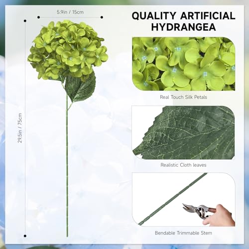 6 PCS Artificial Hydrangea Flowers, Realistic Silk Faux Hydrangeas with Long Stems, Fake Flowers for Wedding Bouquets, Home Table Centerpieces, Party & Indoor Outdoor Decor(GrassGreen) - color: Grass Green