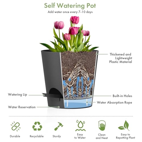 WSMKSZ 7/6.5/6/5.5/5/4 inch Self Watering Pots for Indoor Outdoor Plants, 6 Pack Plastic Flower Planters with Drainage Holes and Removable Saucers, Plant Pots with Wicking Rope, Modern Decor, Black - color: Black, size: 7+6.5+6+5.5+5+4inch 6pcs
