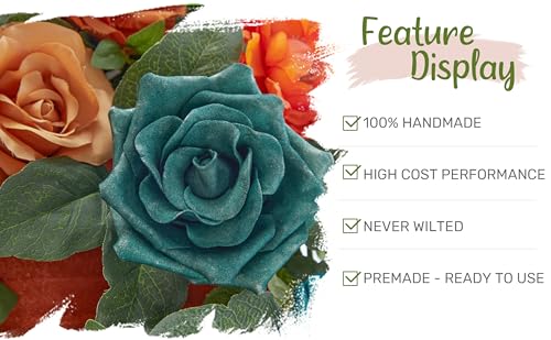 Wedding Arch Flowers with Drapes Kit (Pack of 5) - 2pcs Artificial Teal Orange Fall Deluxe Swag with 3pcs Sheer Drapes for Wedding Ceremony Arbor Reception Backdrop Rose Floral Decoration - color: Dark Teal & Burnt Orange