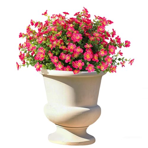 SJL Fake Outdoor Flower, 12Pcs UV Resistant Silk Flowers for Outside with Eucalyptus Stems, Long Lasting Realistic Fake Flower Bunch for Porch Patio Wedding Home Party Decor(Rose Red) - color: Bundle Rose Red-flower