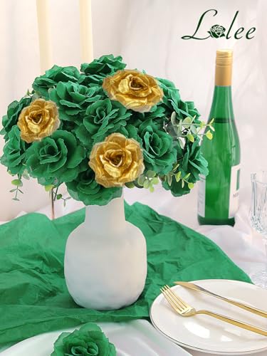 108pcs Roses Head Flowers with Stem - Emerald Green Gold Artificial Flowers Rose Bulk - Silk Rose Fake Flower for Wedding Bouquet Decor DIY Baby Shower Centerpieces St Patrick's Day Decoration - color: Green-gold
