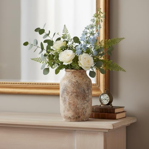 Rustic Terracotta Vase, Farmhouse Ceramic Vase, Decorative Clay Vintage Vases for Home Decor, Living Room,Table, Shelf Decor, 9 inch, Brown - color: Orange