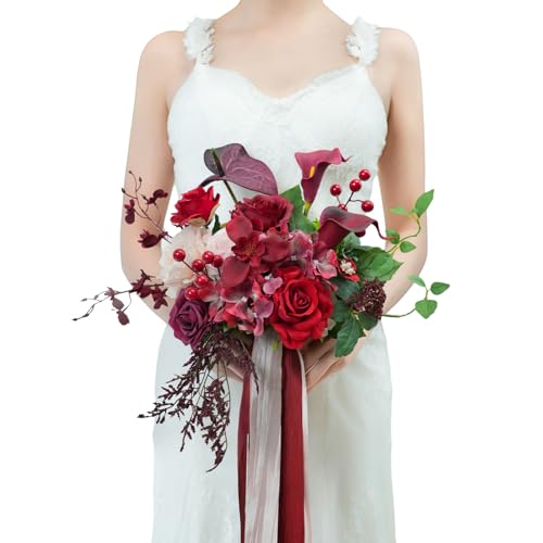 TINGE TIME Artificial 9 Inch Bridal Bouquet, Terracotta Flower Bouquet with Roses for Bride, Bridal Tossing Bouquet for Wedding Ceremony Anniversary Bridal Showers Church Decoration - color: Burgundy & Pink