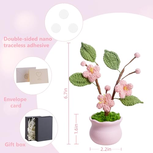 Knitting Crochet Flowers Potted Flower, Fake Forget Me Not Flowers Gift for Teacher, Friend, Family and Lover, Cute Decor for Room, Car Dashboard, Home Office Decoration(Pink Peach Blossom) - color: Pink Peach Blossom