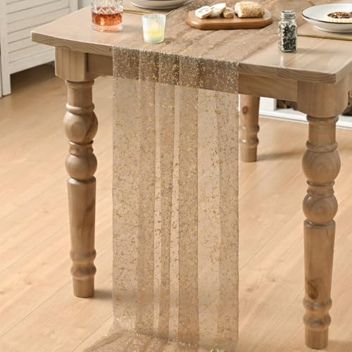 Artoid Mode Coffee Gold Gauze Table Runner 120 Inch 10FT, Glitter Metallic Foil Sheer Dining Wedding Anniversary Holiday Birthday Table Decor for Home Party - color: Coffee, size: 28" x 120"