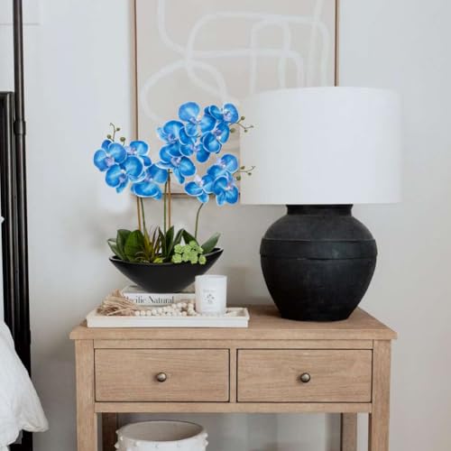 Briful Blue Orchid Fake Flowers 17in Artificial Orchid Silk Flowers in Black Pot Faux Orchid Arrangement for Home Office Bathroom Table Shelf Modern Decoration - color: Blue Black
