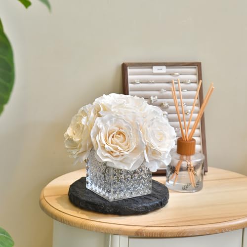 Artificial Rose in Glass Vase Vintage Silk Flower Arrangement with LED Light for Table Centerpiece Home Wedding Decoration (Cream) - color: Cream