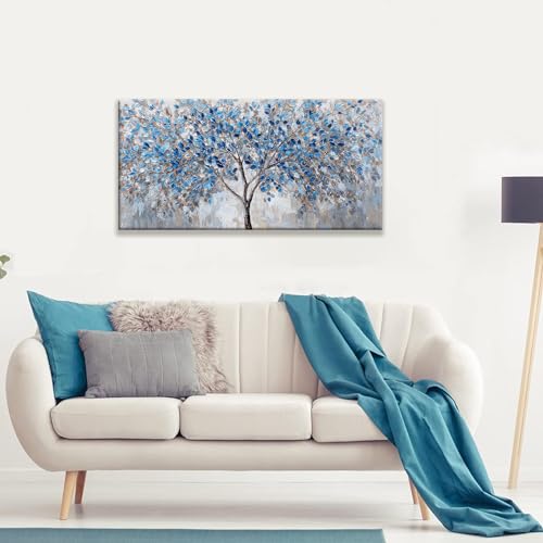 Blue White Tree Leaves Wall Art Decor Canvas Prints Ready To Hang Room Wall Decor Wall Pictures For Living Room Office Kitchen Bathroom Bedroom 20x40 Inch - color: White Blue, size: 40"L x 20"W