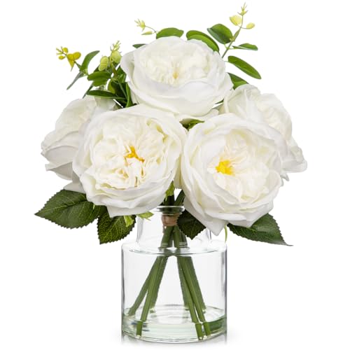 Hollyone Real Touch Peonies Artificial Flowers Arrangements in Vase White Fake Peonies with Glass Vase Silk David Austin Roses Faux Flowers with Clear Faux Water Bouquet Table Centerpiece Home Decor - color: White