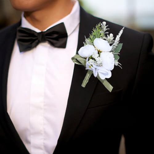 Bride Wedding Rose Boutonniere Men's Flower Buttonholes Groomsmans Prom Suit Decoration for Men (White) - color: White