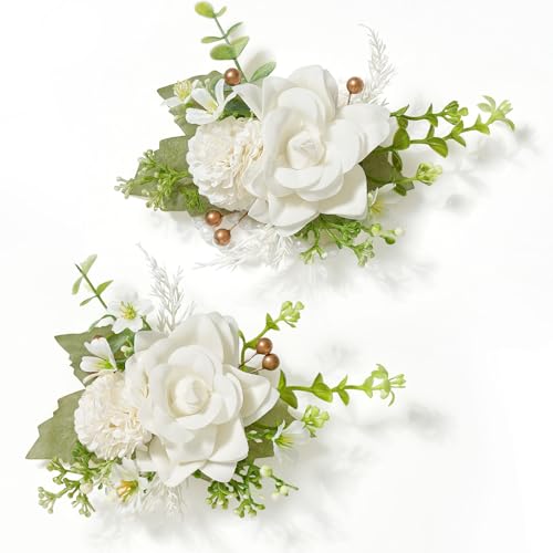 Serwalin 2 Pcs Wrist Corsage and Boutonniere Set, 6-7 Inch Ivory White Corsage for Wedding, Boutonniere for Men Corsage Wristlet Prom Ceremony Anniversary Accessories Suit - color: Ivory White, size: 1 Boutonniere & 1 Wrist Corsage-2pcs