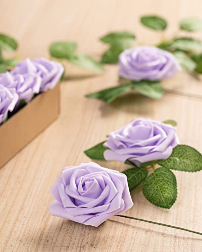 DuHouse 25Pcs Artificial Roses Flowers Fake Rose with Stems Real Touch Foam Flower Head for DIY Wedding Bridal Bouquet Baby Shower Centerpiece Floral Arrangement Party Home Decor(Lilac) - color: Lilac, size: 25pcs