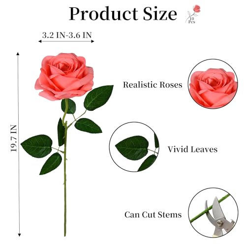 10 Pcs Peach Rose Artificial Flower, Faux Silk Flowers With Long Stems, Fake Roses Bulk Bouquet for Decoration Valentine's Day Centerpieces Proposal Bridal Bouquets Shower Party Home Floral Decor - color: Peach