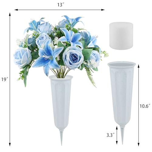 2 Set Artificial Cemetery Flowers with Grave Vase-2 Bunches Lilies & Rose Mixed Blue Silk Memorial Flowers-2 Cemetry Vase with Foam for Outdoor Headstones Gravesite Graveyard Decorations - color: Blue