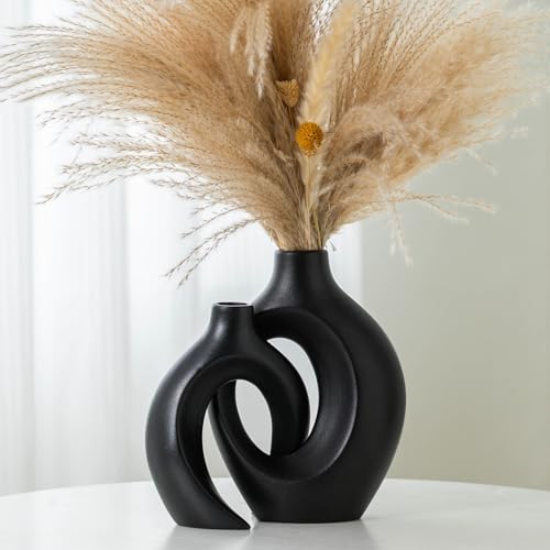 Liotww Black Vases Home Decor Set of 2, Ceramic Black Small Flower Vase, Minimalist Boho Decorative Modern Donut Vase for Farmhouse Living Dining Room Office Entryway Bookshelf Coffee Table Décor - color: Large-matte Black
