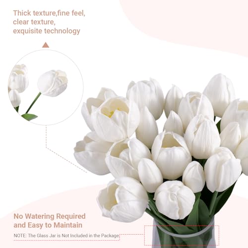 20 Pcs Fake Tulips Flowers 16" Tall, Realistic Touch Leaves, Bottle Tulip Artificial Plants Indoor for Home Decor Small Office Home Living Room-Vase Not Include -White - size: 16 Inch Tulips White