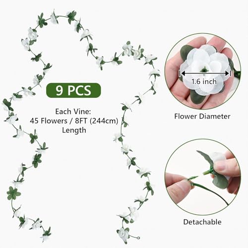 Sherika 9 Pcs 72FT Artificial Flower Garland, Fake White Roses Vines Hanging Silk Flowers Faux Floral Garland for Wedding Arch Room Wall Backdrop Bedroom Centerpieces Mothers Day Decorations - color: White