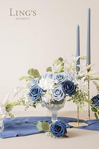 Ling's moment Artificial Flowers, 50Pcs 3" Roses in Dusty Blue Shades, Realistic DIY Foam Floral Decor for Wedding Bouquets/Centerpieces, Outdoor Party Backdrops, Room/Table, Garden/Pot Decorations - color: Shades of Navy Blue, size: 50Pcs