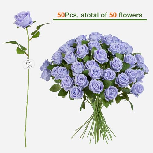 Artificial Flowers Roses Touch Fake Rose Bouquet Flower Stem For Wedding Centerpieces Diy Wreath Home Decorations Silk Roses Mothers Party Fake Outdoor Flowers Decor 19.6"(Light Purple 50PCS) - color: Light Purple 50pcs