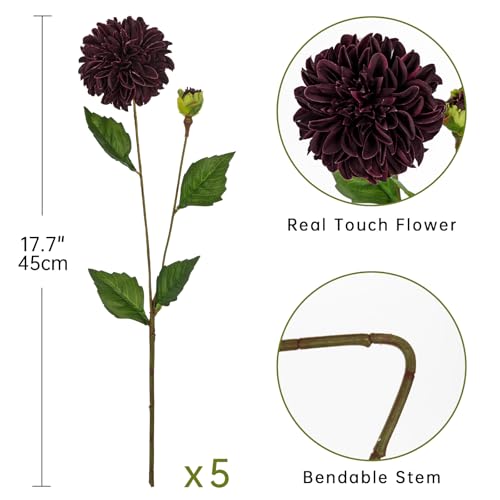 Hollyone Dark Red Dahlia Artificial Flowers 5Pcs Fake Dahlia Flowers for Decoration Silk Flower with Long Stem 17.7" Floral Arrangements Bouquets Indoors Outdoors Faux Dahlias Centerpieces Home Decor - color: Dark Red