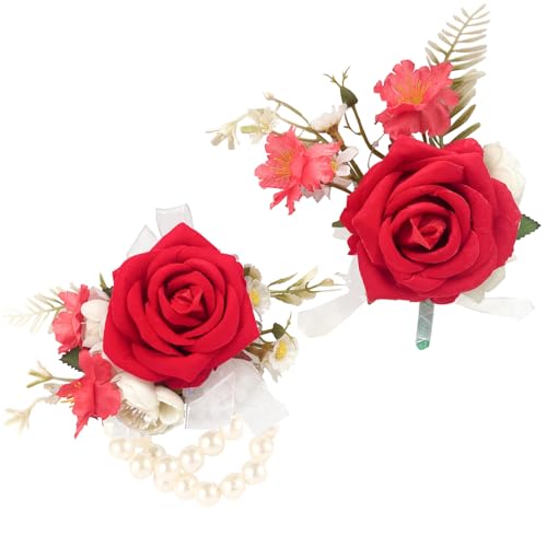Wrist Corsage and Boutonniere Set, Artificial Rose Corsage Wristlet and Boutonniere for Wedding Prom Party (Red, 1 Boutonniere&1 Wrist Corsage) - color: Red, 1 Boutonniere&1 Wrist Corsage