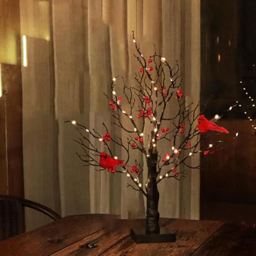 Cardinal Red Berries Tree Table Decoration Light for Tabletop Centerpiece Christmas Decorations, LED Warm Light Up Christmas Tree LED Fairy Spirit Tree Lamp with 3 AA Battery & USB Plug - style: Red Bird Tree Lamp