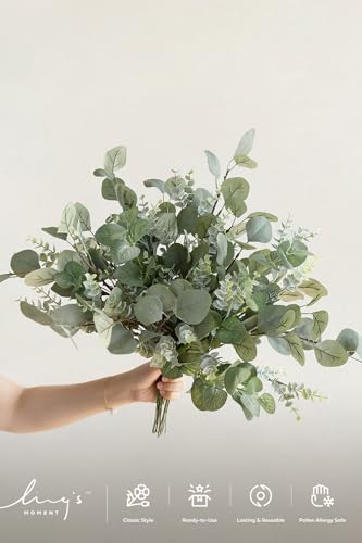 Ling's moment Artificial Plants Eucalyptus Leaves Branches Bouquets,19Pcs 17.5" Tall Hanging Fake Greenery Filler w/Stems, Realistic Texture Decor for Wedding Table Centerpieces, Outdoor/Room/Office - color: Grn- Viridity