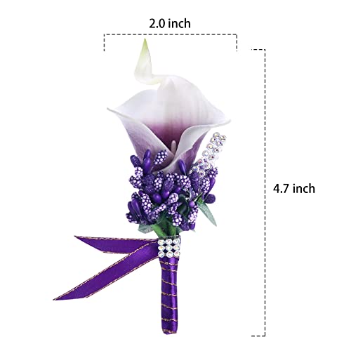 Calla Lily Boutonniere Men Wedding with Pins Set of 6, Handmade Picasso Calla Lily Groom Groomsman Boutonniere for Wedding Ceremony Anniversary (Purple) - color: Calla Lily- Purple, size: 6 Packs